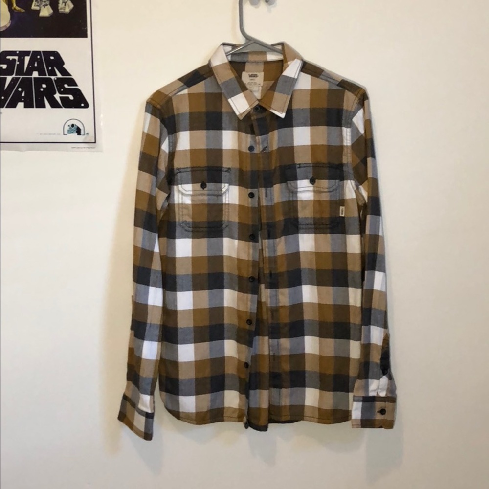 VANS brown, gray and white checkered flannel